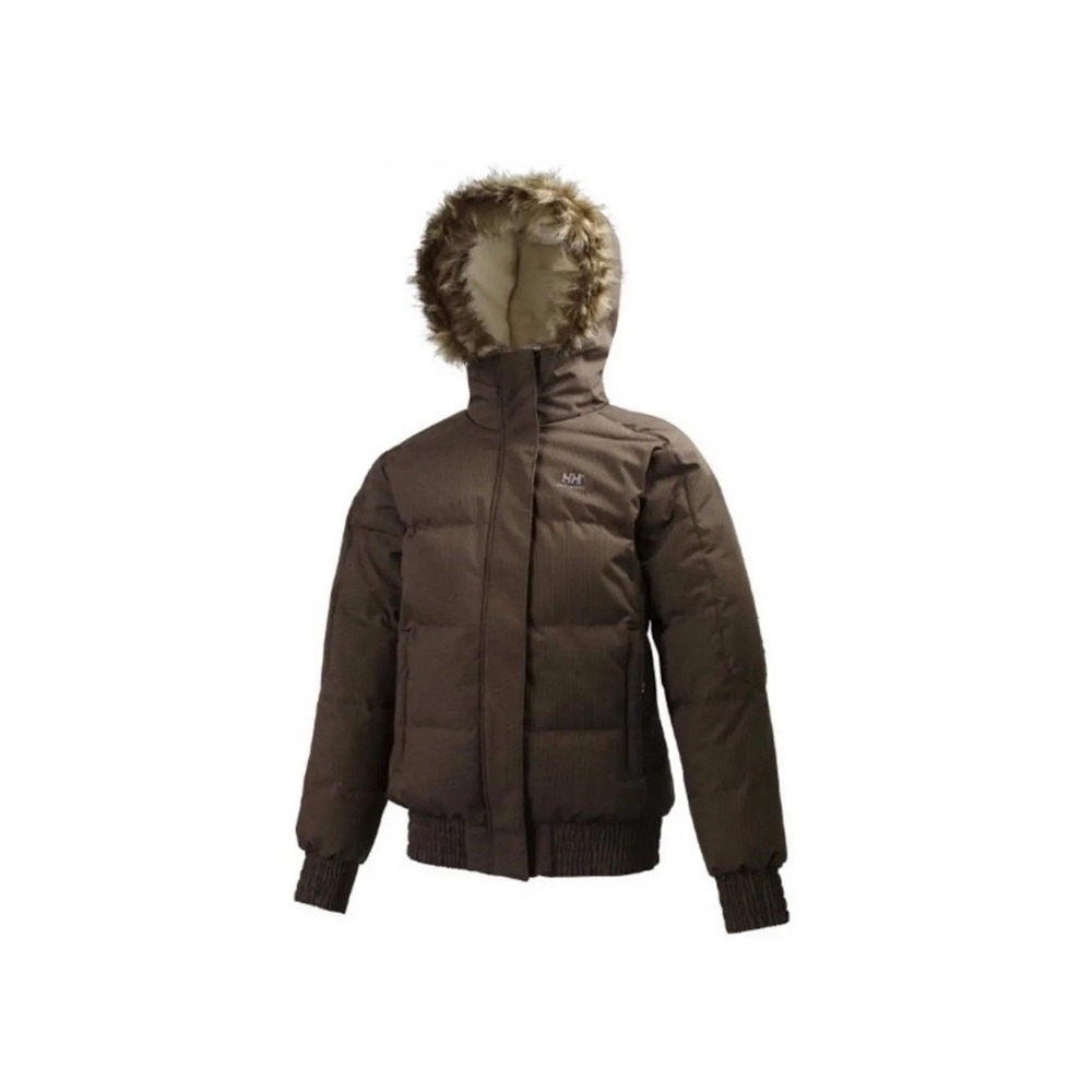 Helly Hansen Women's S Brown Fur Hoodie Down Jacket Y2K‎ Luxury Streetwear Rare